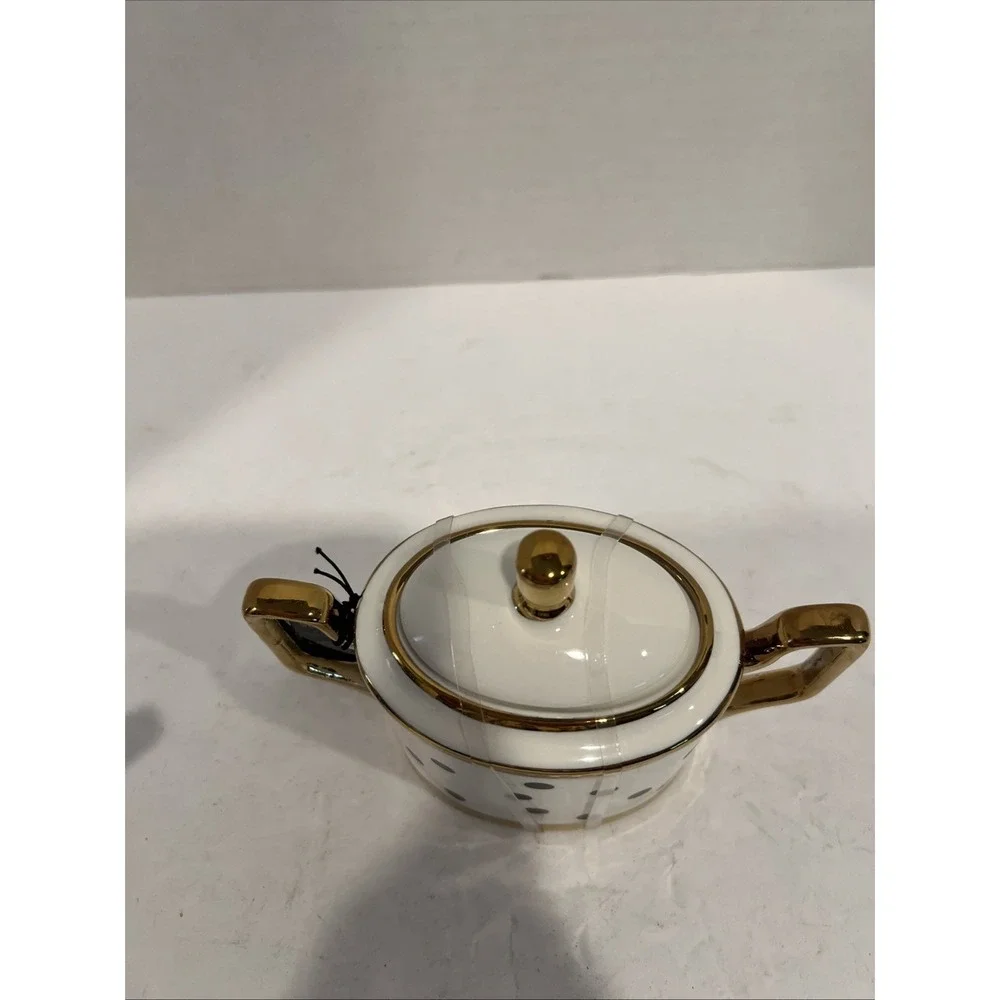 Almeria Collection White Black Polka Dot Sugar‎ Jar Gold Accents Lid New